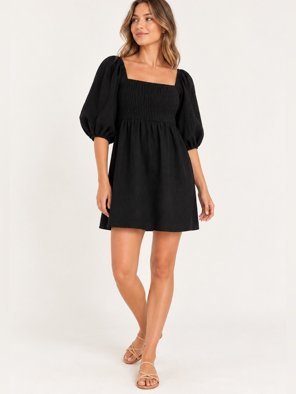 Tuckernuck mini Dress Womens XS Linen Annie Black Puff Sleeve Milkmaid I